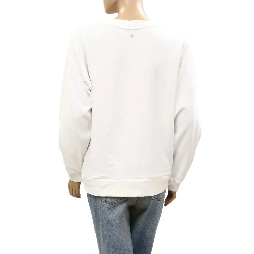 Lilly Pulitzer Long Sleeve Beaded Sweatshirt Top Ribbed White Cotton S 289953
